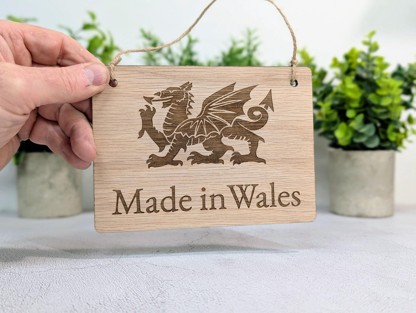 Made in Wales Hanging Sign – Oak Veneered Wooden Plaque with Welsh Dragon, Handmade in Wales, Plastic - Free Packaging - 4 Sizes - CherryGroveCraft