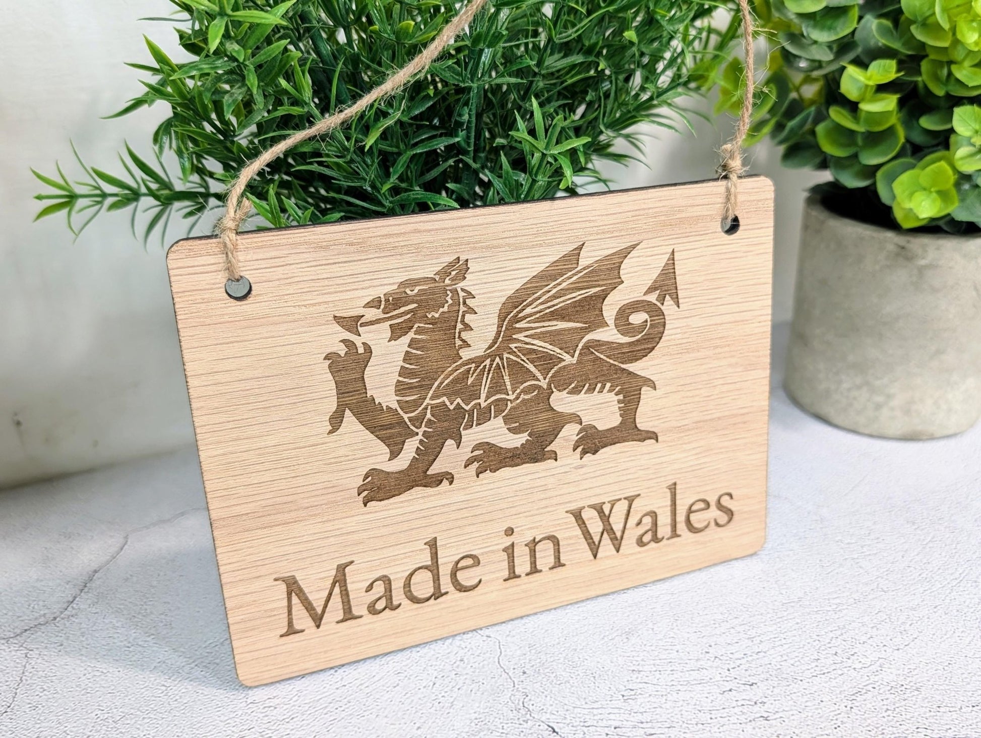 Made in Wales Hanging Sign – Oak Veneered Wooden Plaque with Welsh Dragon, Handmade in Wales, Plastic - Free Packaging - 4 Sizes - CherryGroveCraft