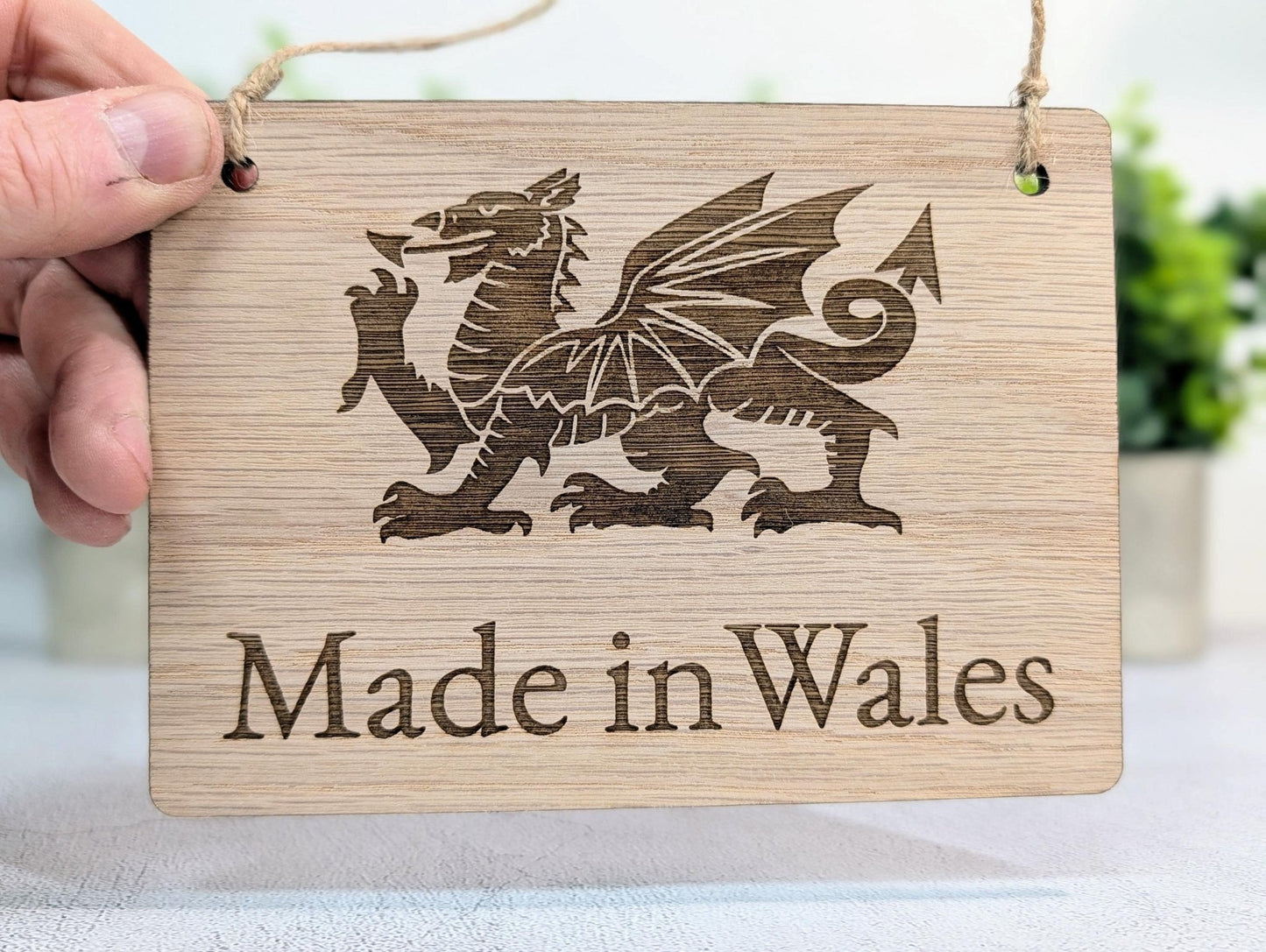 Made in Wales Hanging Sign – Oak Veneered Wooden Plaque with Welsh Dragon, Handmade in Wales, Plastic - Free Packaging - 4 Sizes - CherryGroveCraft