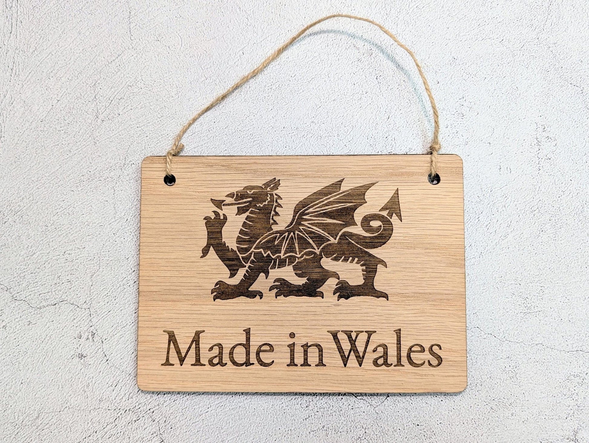 Made in Wales Hanging Sign – Oak Veneered Wooden Plaque with Welsh Dragon, Handmade in Wales, Plastic - Free Packaging - 4 Sizes - CherryGroveCraft