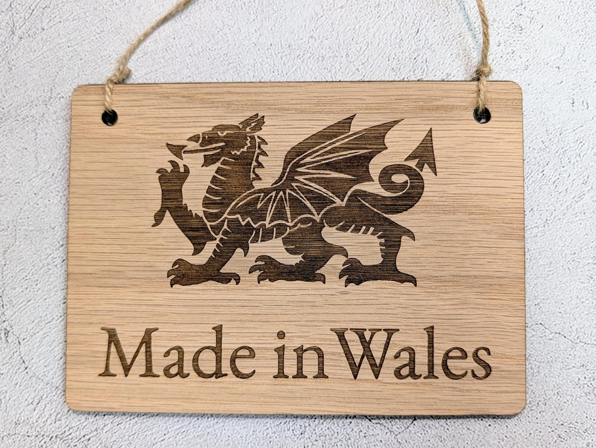 Made in Wales Hanging Sign – Oak Veneered Wooden Plaque with Welsh Dragon, Handmade in Wales, Plastic - Free Packaging - 4 Sizes - CherryGroveCraft