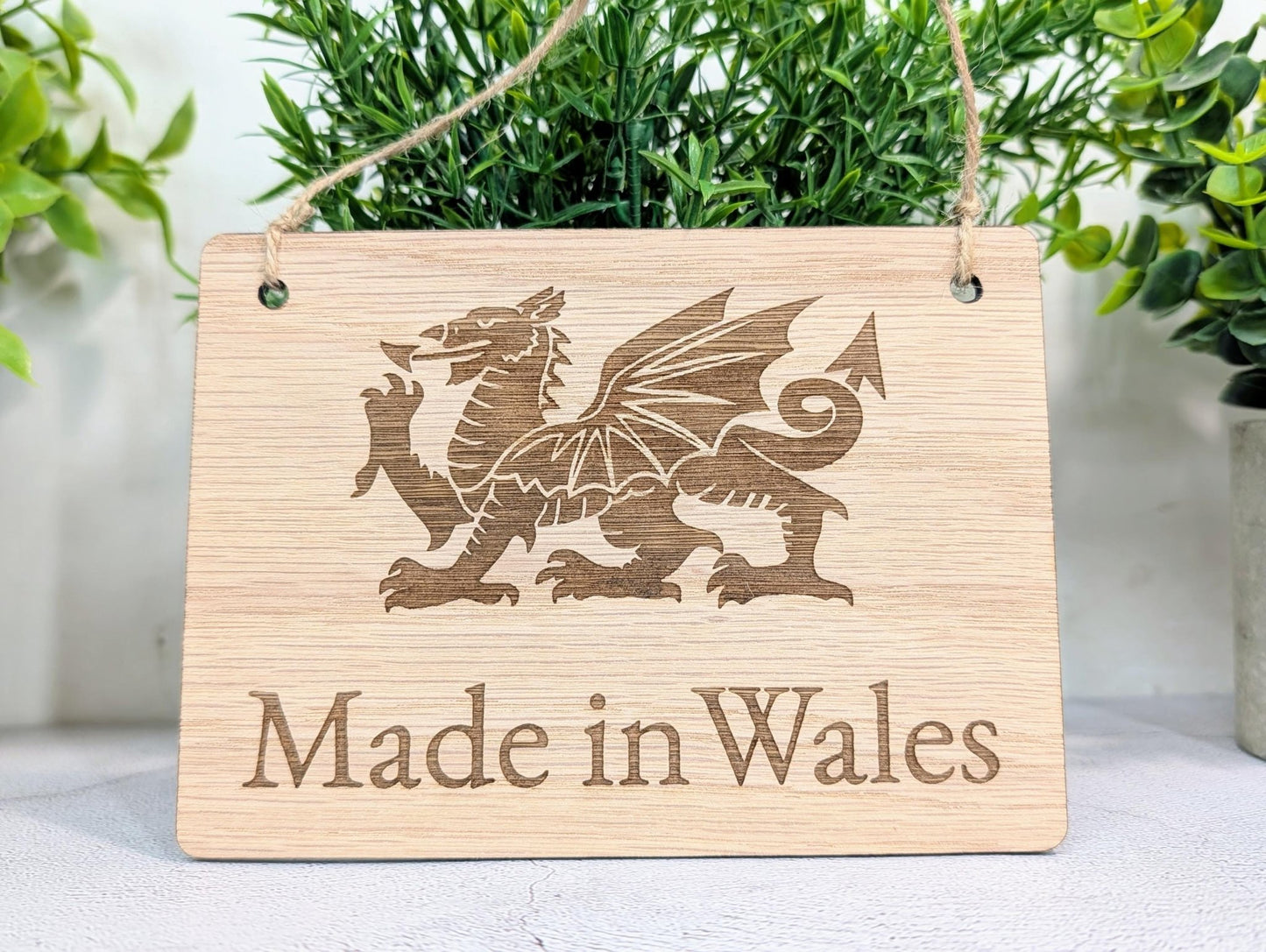 Made in Wales Hanging Sign – Oak Veneered Wooden Plaque with Welsh Dragon, Handmade in Wales, Plastic - Free Packaging - 4 Sizes - CherryGroveCraft