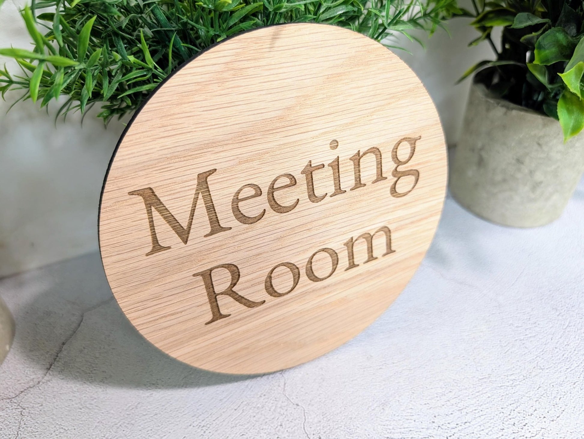 Meeting Room Door Sign – Circular Oak Veneered Wooden Sign, Indoor Office Wall Sign, Handmade in Wales, Plastic - Free Packaging, 2 Sizes - CherryGroveCraft