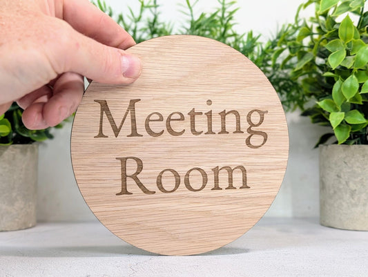 Meeting Room Door Sign – Circular Oak Veneered Wooden Sign, Indoor Office Wall Sign, Handmade in Wales, Plastic - Free Packaging, 2 Sizes - CherryGroveCraft