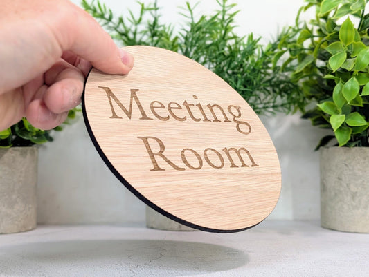 Meeting Room Door Sign – Circular Oak Veneered Wooden Sign, Indoor Office Wall Sign, Handmade in Wales, Plastic - Free Packaging, 2 Sizes - CherryGroveCraft