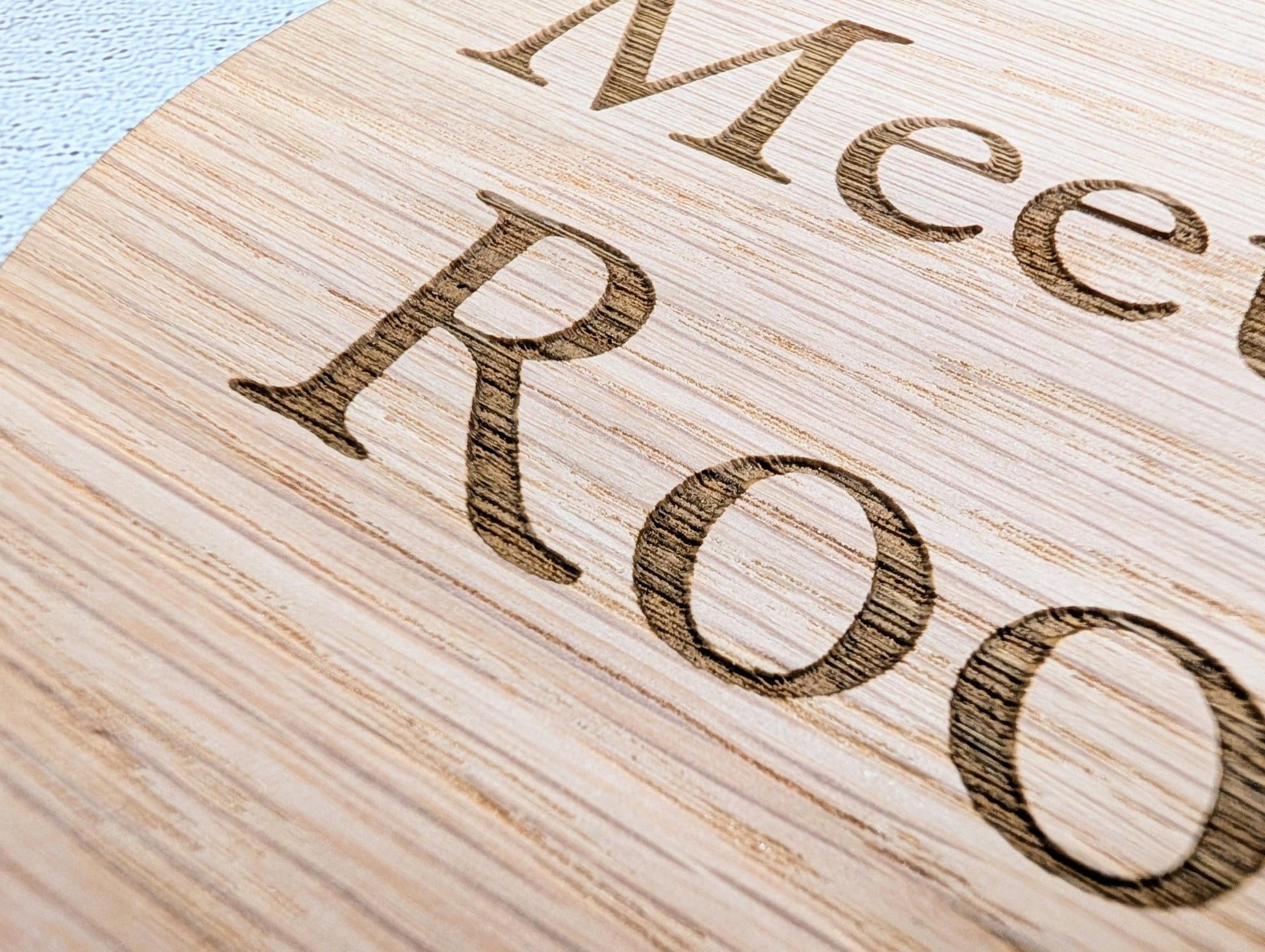 Meeting Room Door Sign – Circular Oak Veneered Wooden Sign, Indoor Office Wall Sign, Handmade in Wales, Plastic - Free Packaging, 2 Sizes - CherryGroveCraft