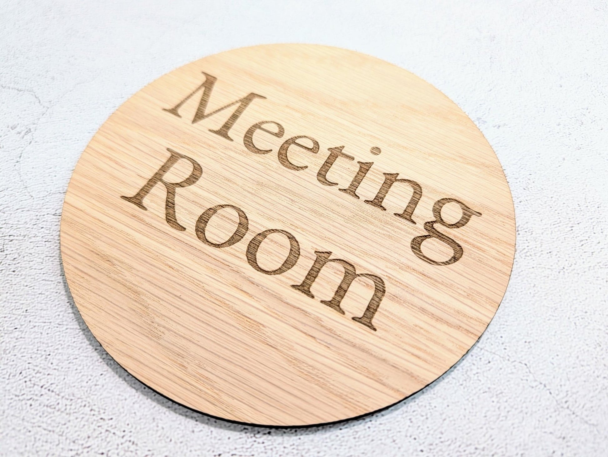Meeting Room Door Sign – Circular Oak Veneered Wooden Sign, Indoor Office Wall Sign, Handmade in Wales, Plastic - Free Packaging, 2 Sizes - CherryGroveCraft
