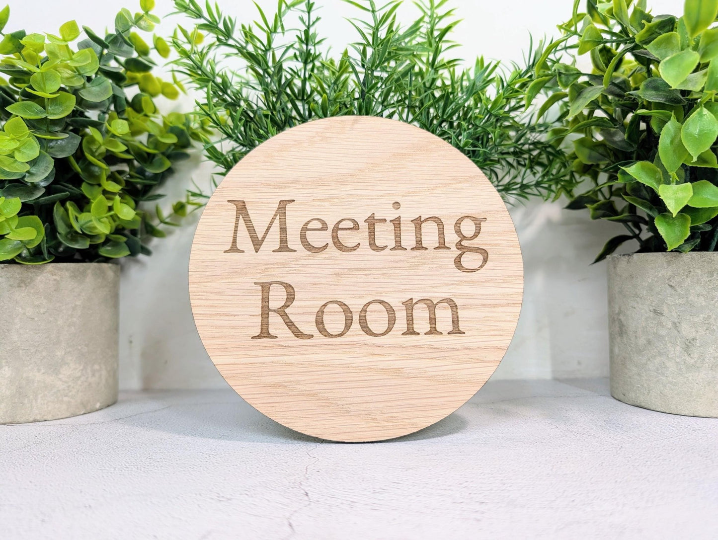 Meeting Room Door Sign – Circular Oak Veneered Wooden Sign, Indoor Office Wall Sign, Handmade in Wales, Plastic - Free Packaging, 2 Sizes - CherryGroveCraft