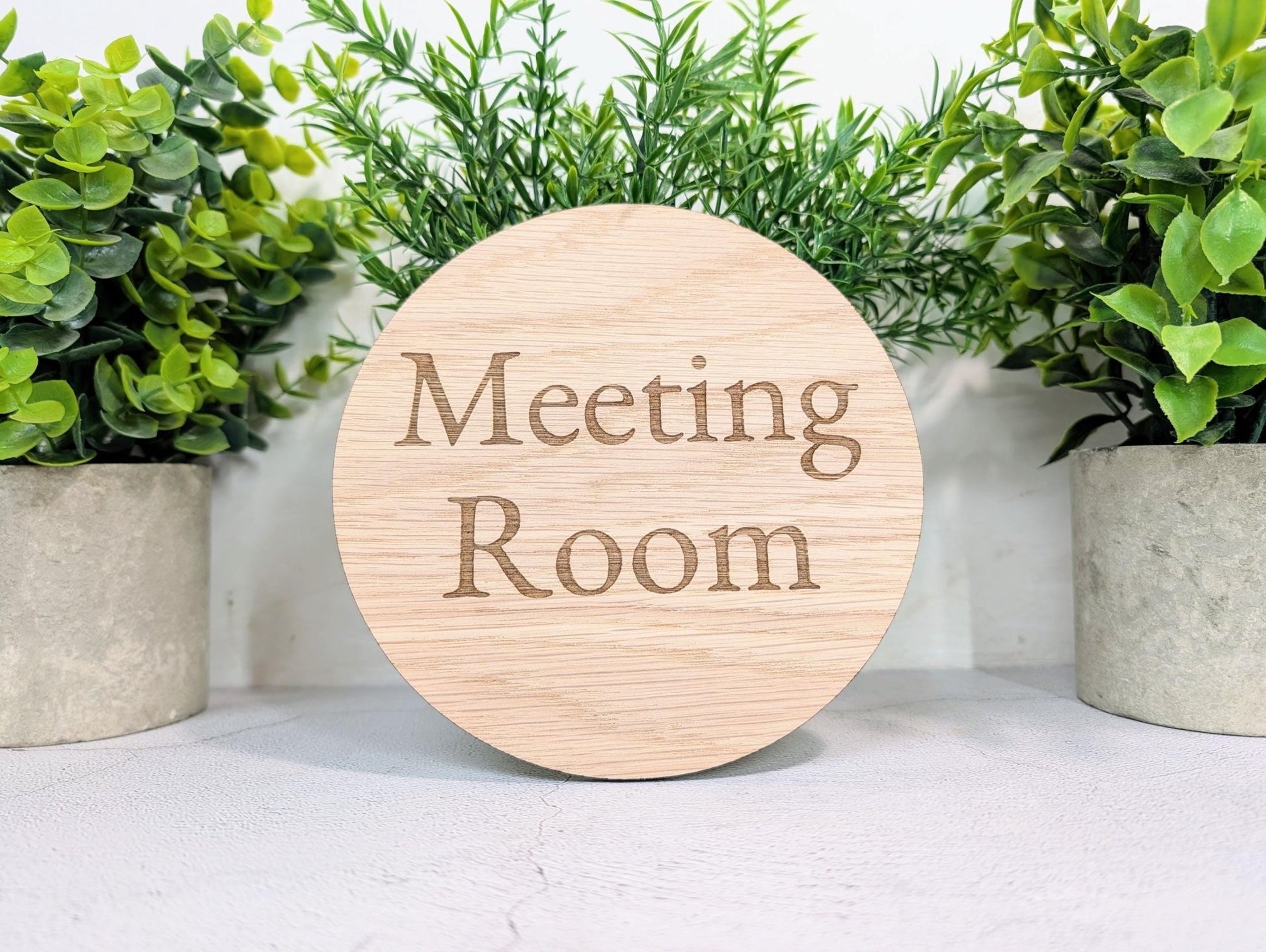 Meeting Room Door Sign – Circular Oak Veneered Wooden Sign, Indoor Office Wall Sign, Handmade in Wales, Plastic - Free Packaging, 2 Sizes - CherryGroveCraft