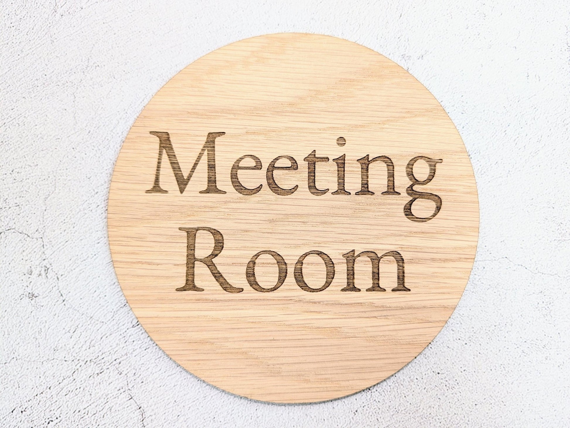 Meeting Room Door Sign – Circular Oak Veneered Wooden Sign, Indoor Office Wall Sign, Handmade in Wales, Plastic - Free Packaging, 2 Sizes - CherryGroveCraft