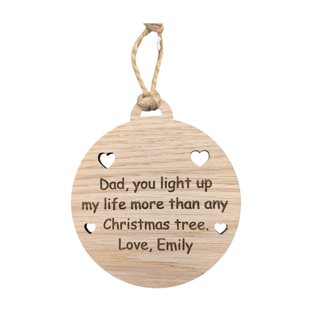 Message in a Bauble | Personalised Oak Christmas Ornament | Heart or Star