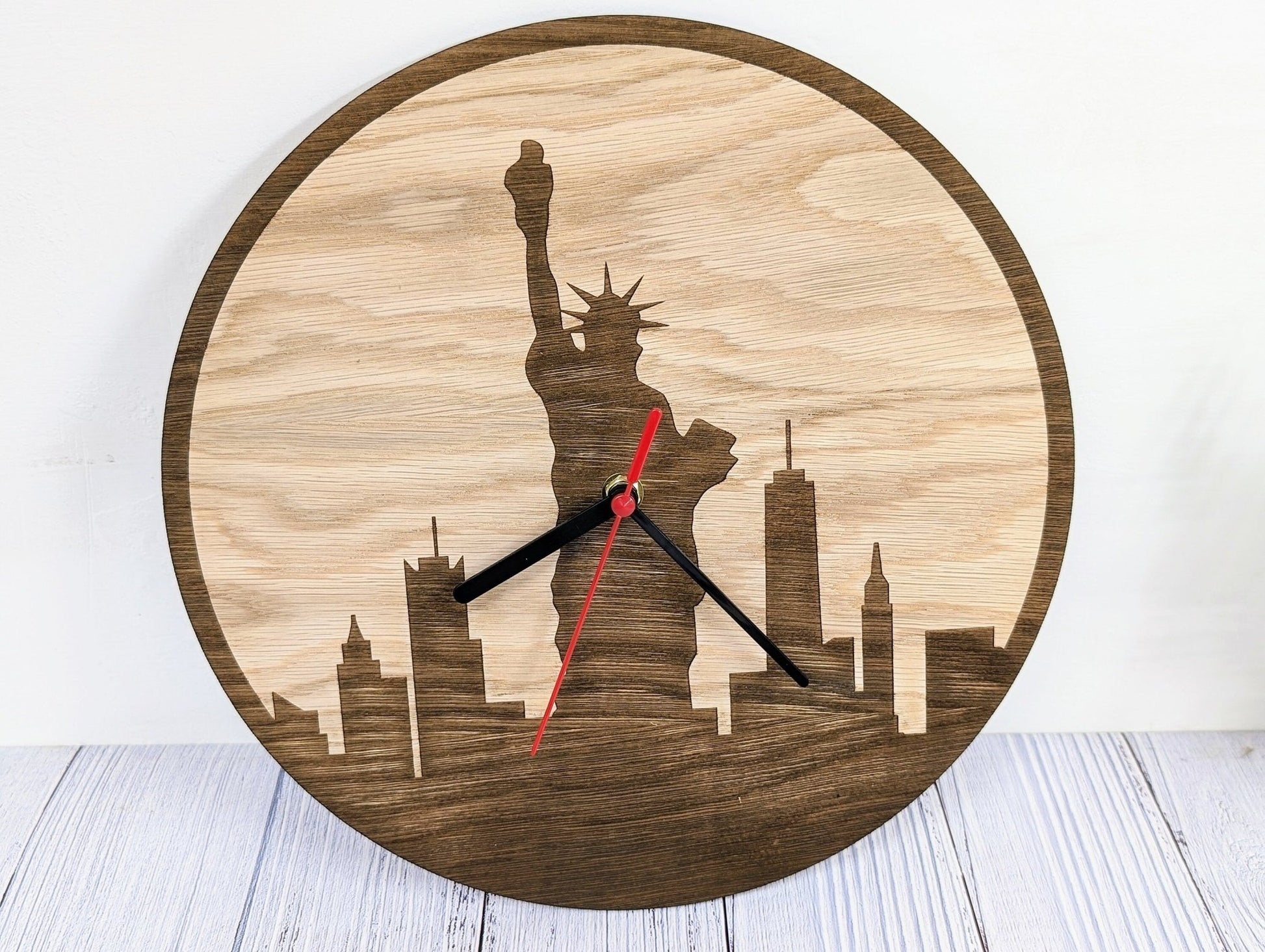 New York Skyline Wooden Clock - Urban Chic Wall Decor, Stylish Cityscape Timepiece, Oak Veneer, Engraved Skyline, NYC Wall Art - CherryGroveCraft