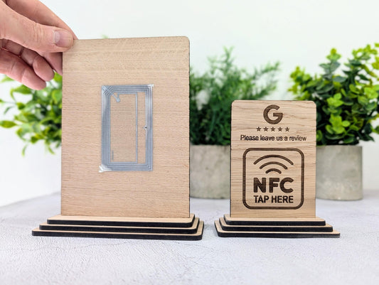 NFC Google Review Sign – Oak Veneered Business Review Display, Tap to Review Stand, Eco Friendly Wood, Plastic - Free, 2 Sizes - CherryGroveCraft