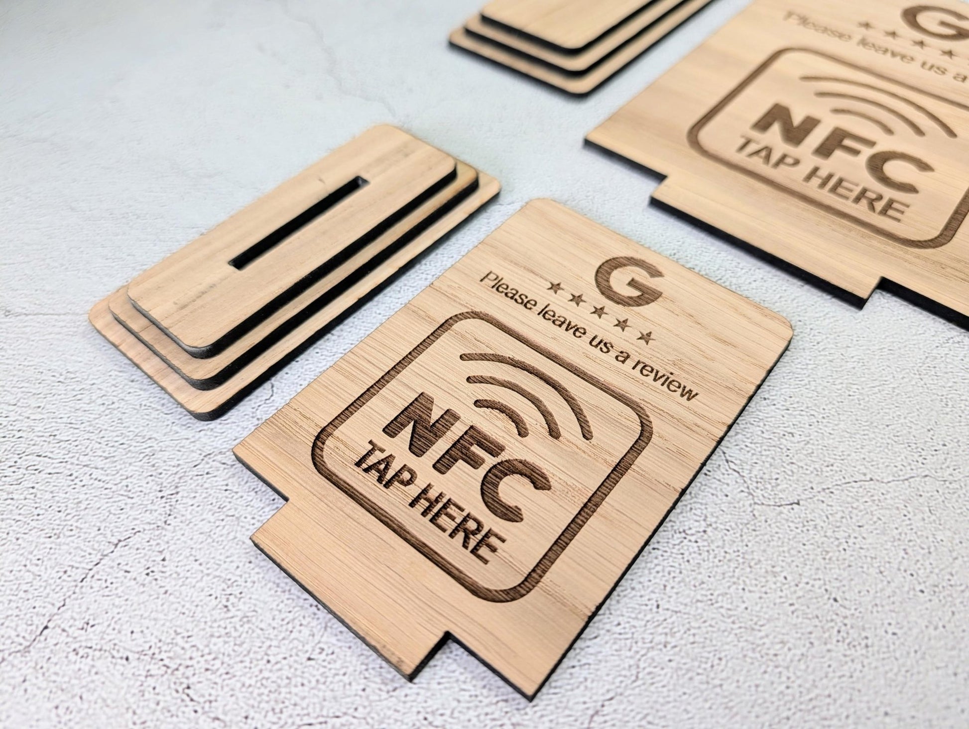 NFC Google Review Sign – Oak Veneered Business Review Display, Tap to Review Stand, Eco Friendly Wood, Plastic - Free, 2 Sizes - CherryGroveCraft