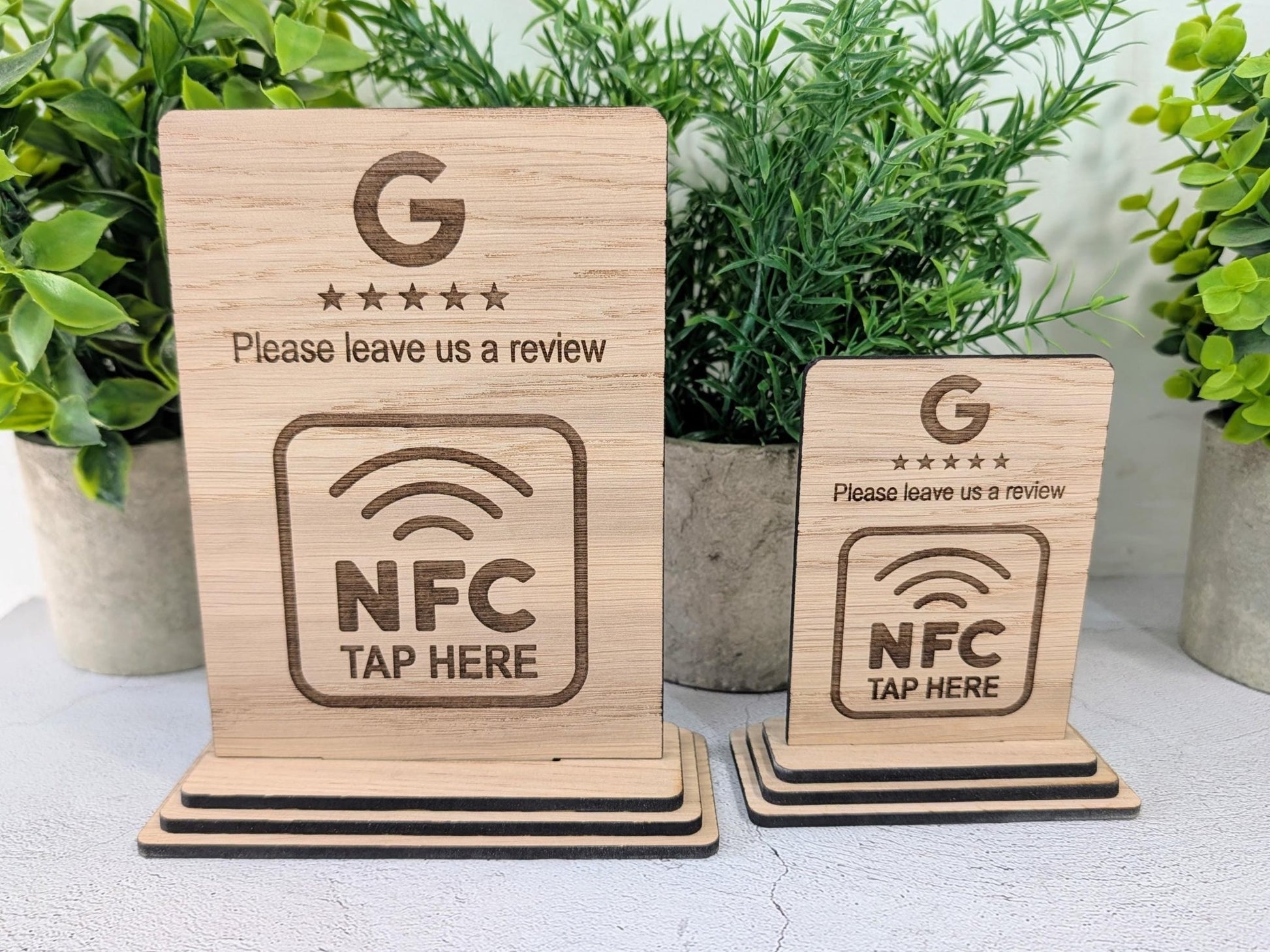 NFC Google Review Sign – Oak Veneered Business Review Display, Tap to Review Stand, Eco Friendly Wood, Plastic - Free, 2 Sizes - CherryGroveCraft