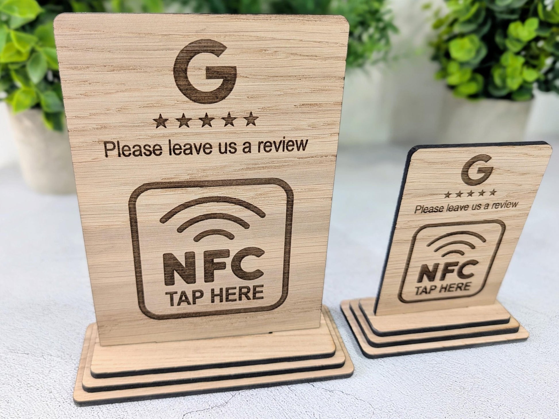 NFC Google Review Sign – Oak Veneered Business Review Display, Tap to Review Stand, Eco Friendly Wood, Plastic - Free, 2 Sizes - CherryGroveCraft