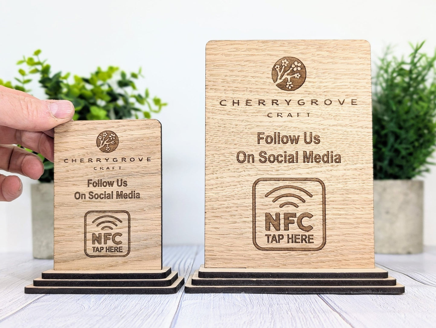 NFC 'Tap Here' Wooden Follow Us Sign - Personalised Logo, Eco-Friendly, Handmade, Social Media Link, NFC tag, 2 Sizes - CherryGroveCraft