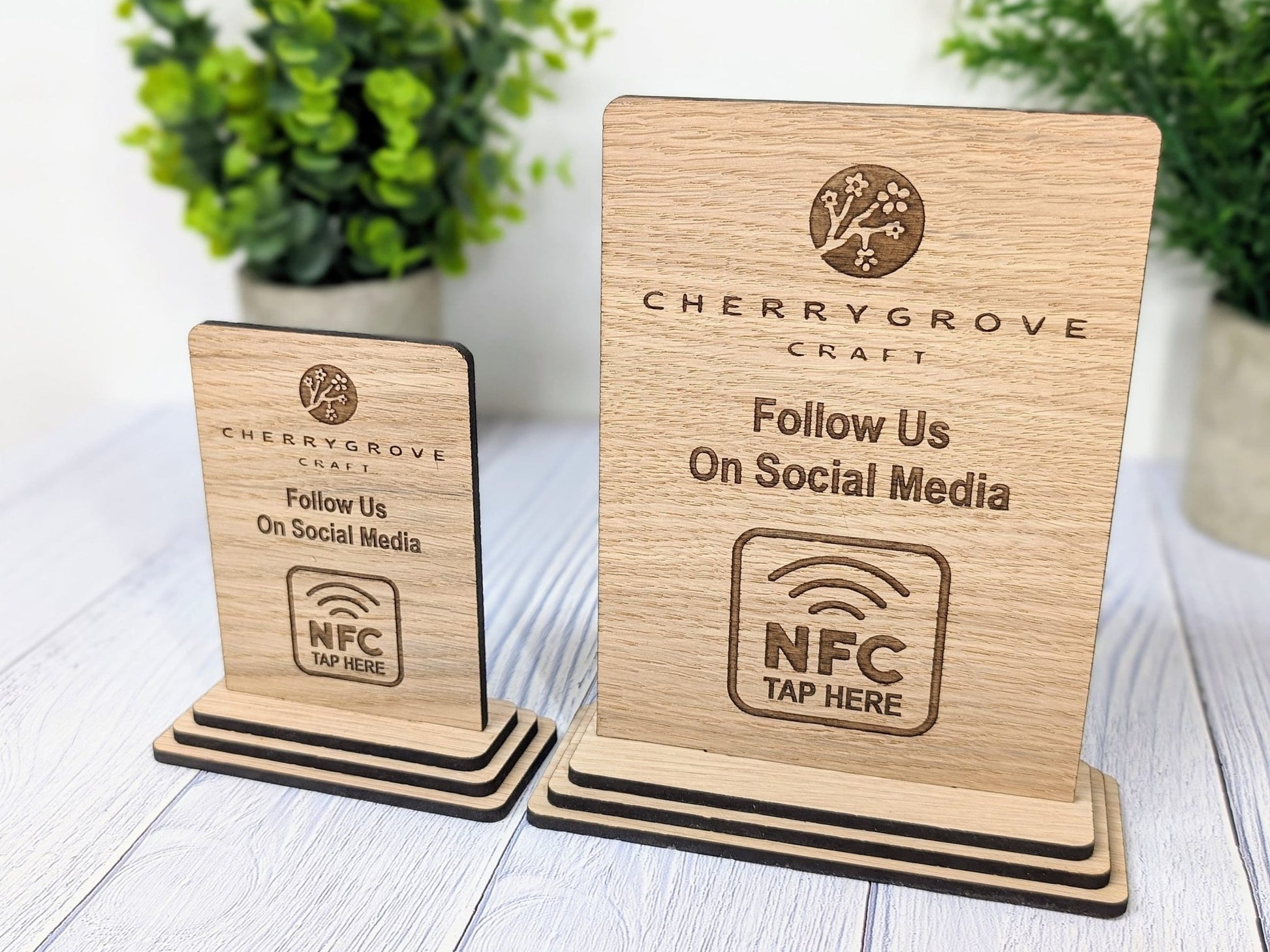 NFC 'Tap Here' Wooden Follow Us Sign - Personalised Logo, Eco-Friendly, Handmade, Social Media Link, NFC tag, 2 Sizes - CherryGroveCraft