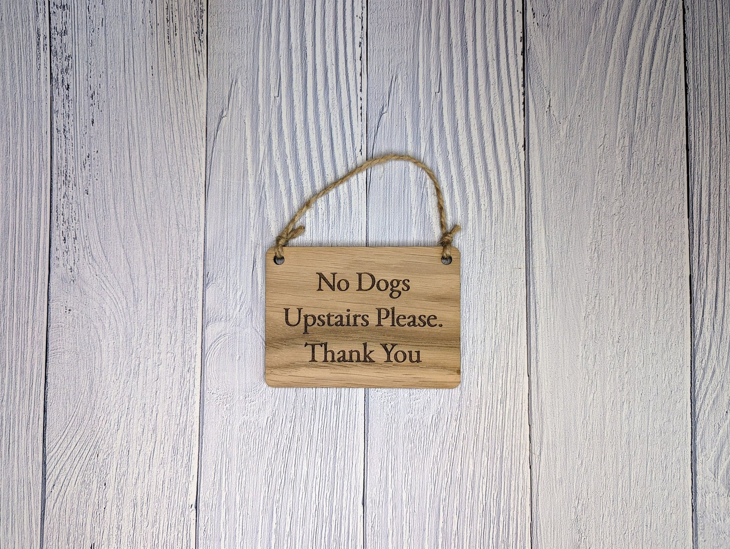 No Dogs on Furniture sign in four sizes — small through extra large, oak veneer