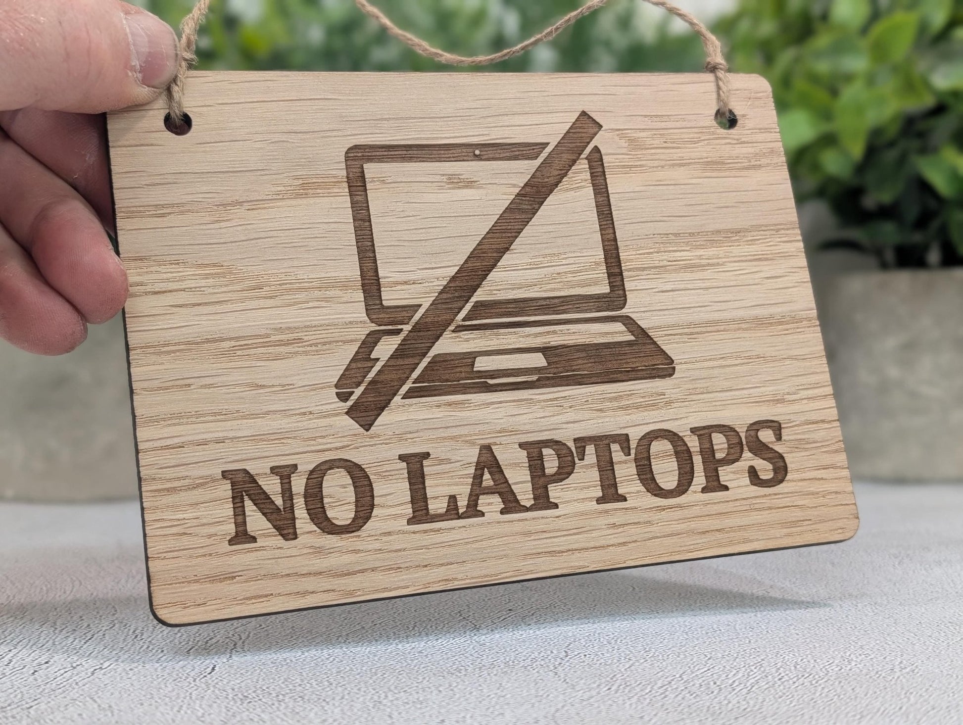 No laptops oak sign — medium size, laser-engraved, natural finish