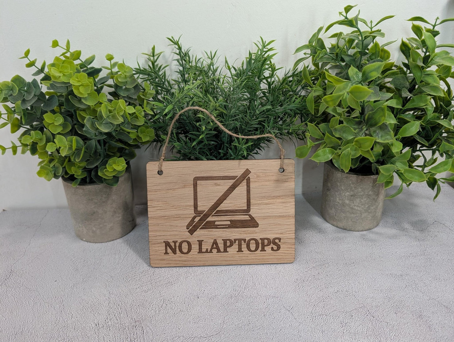 No laptops sign large size — 4mm oak veneered MDF, for cafés and co-working spaces