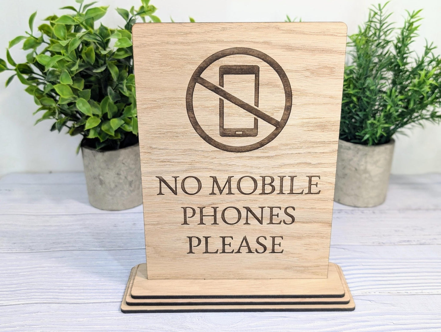 No Mobile Phones Please | XL Size | Stylish and Professional | Custom Wooden Business Table Sign | Eco - Friendly - CherryGroveCraft