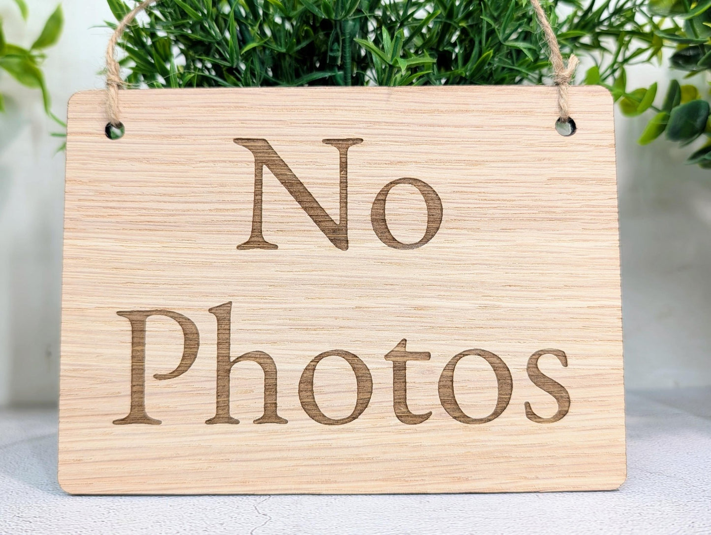 No Photos Sign – Oak Veneered Wooden Hanging Sign for Stalls, Craft Fairs & Exhibitions, Handmade in Wales, Eco Friendly Packaging - 4 Sizes - CherryGroveCraft