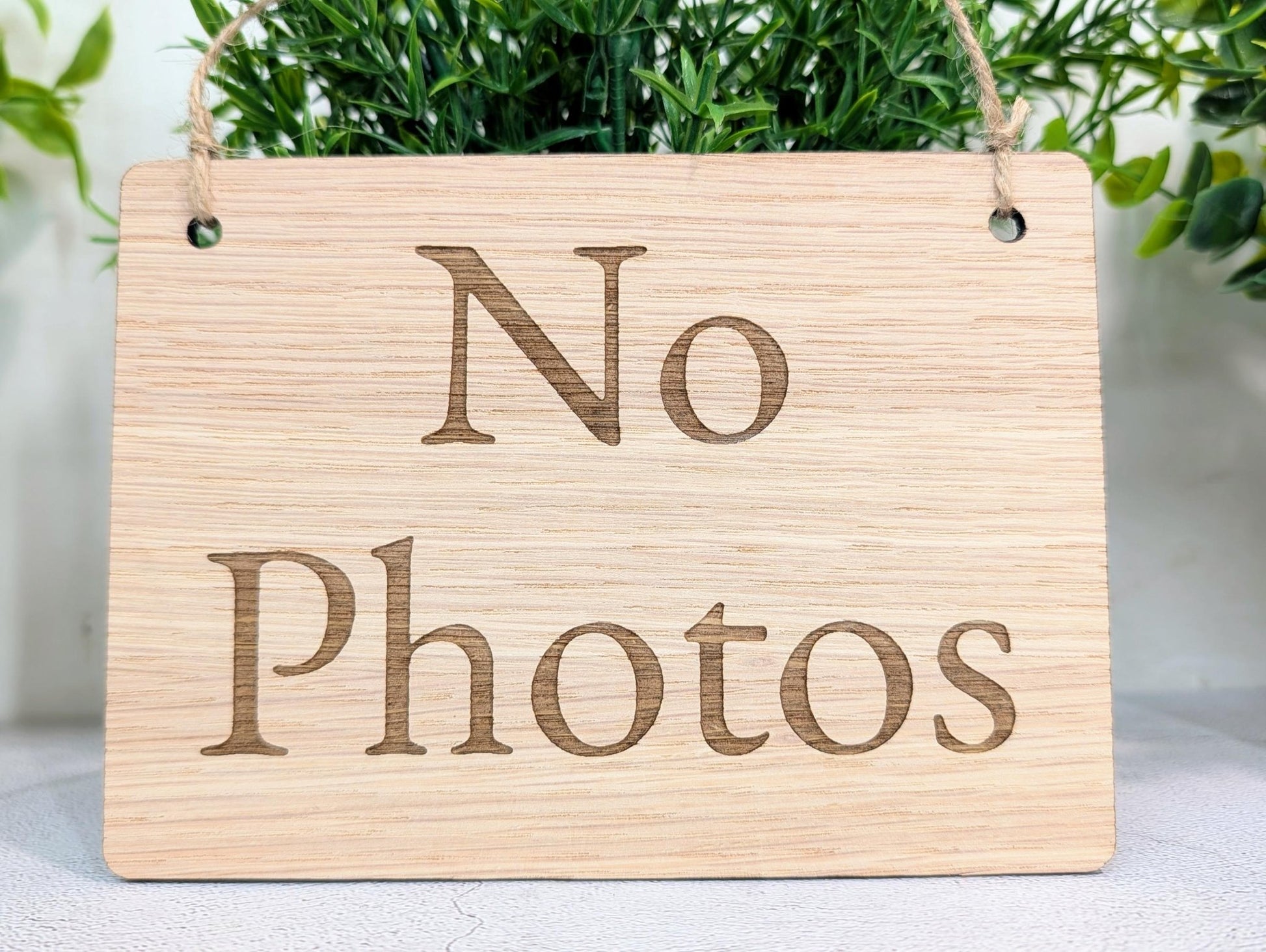 No Photos Sign – Oak Veneered Wooden Hanging Sign for Stalls, Craft Fairs & Exhibitions, Handmade in Wales, Eco Friendly Packaging - 4 Sizes - CherryGroveCraft