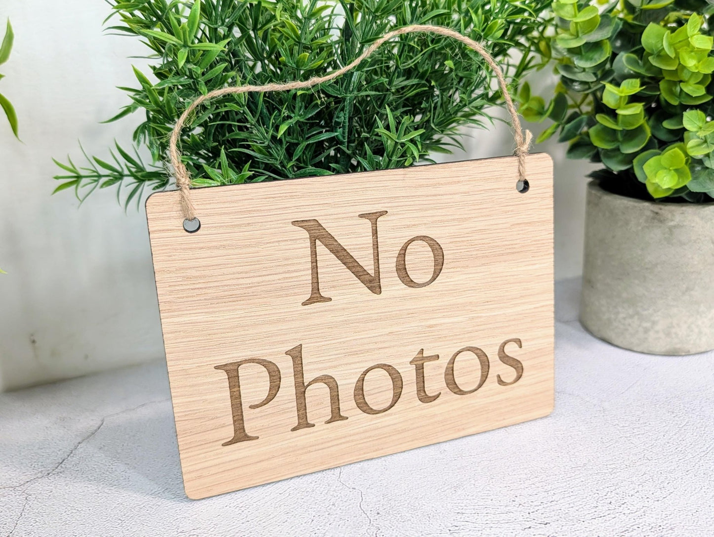 No Photos Sign – Oak Veneered Wooden Hanging Sign for Stalls, Craft Fairs & Exhibitions, Handmade in Wales, Eco Friendly Packaging - 4 Sizes - CherryGroveCraft