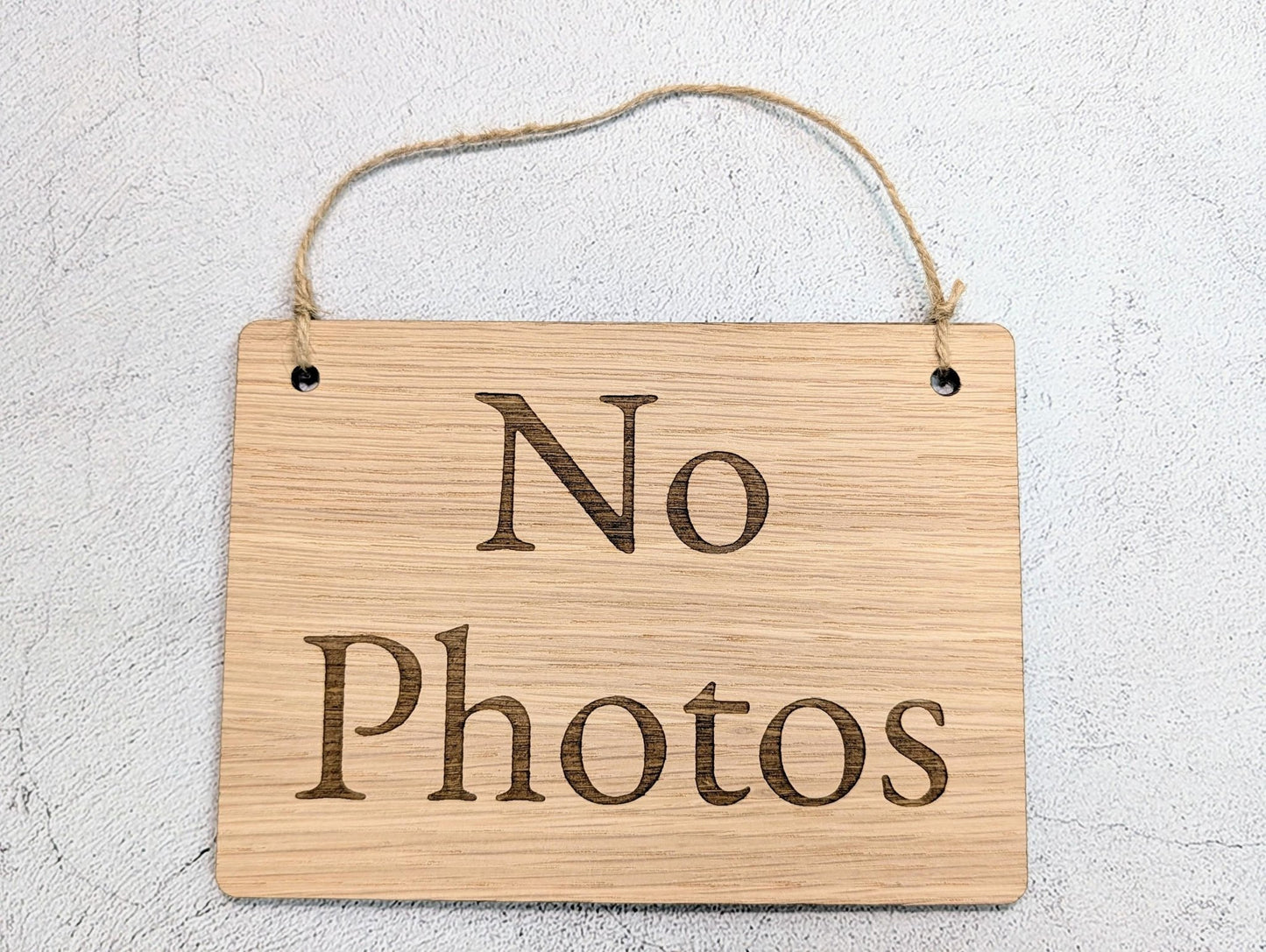 No Photos Sign – Oak Veneered Wooden Hanging Sign for Stalls, Craft Fairs & Exhibitions, Handmade in Wales, Eco Friendly Packaging - 4 Sizes - CherryGroveCraft