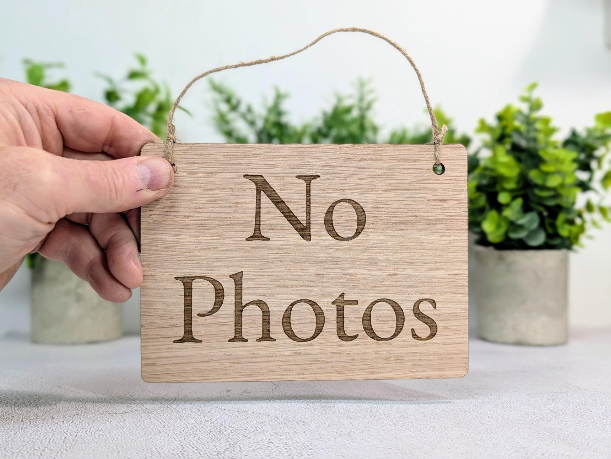 No Photos Sign – Oak Veneered Wooden Hanging Sign for Stalls, Craft Fairs & Exhibitions, Handmade in Wales, Eco Friendly Packaging - 4 Sizes - CherryGroveCraft