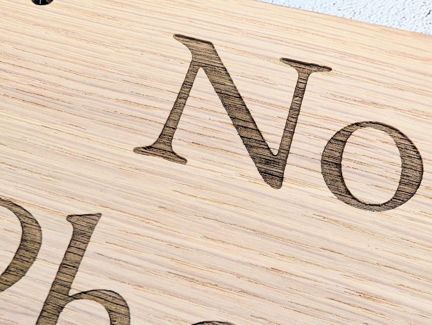 No Photos Sign – Oak Veneered Wooden Hanging Sign for Stalls, Craft Fairs & Exhibitions, Handmade in Wales, Eco Friendly Packaging - 4 Sizes - CherryGroveCraft