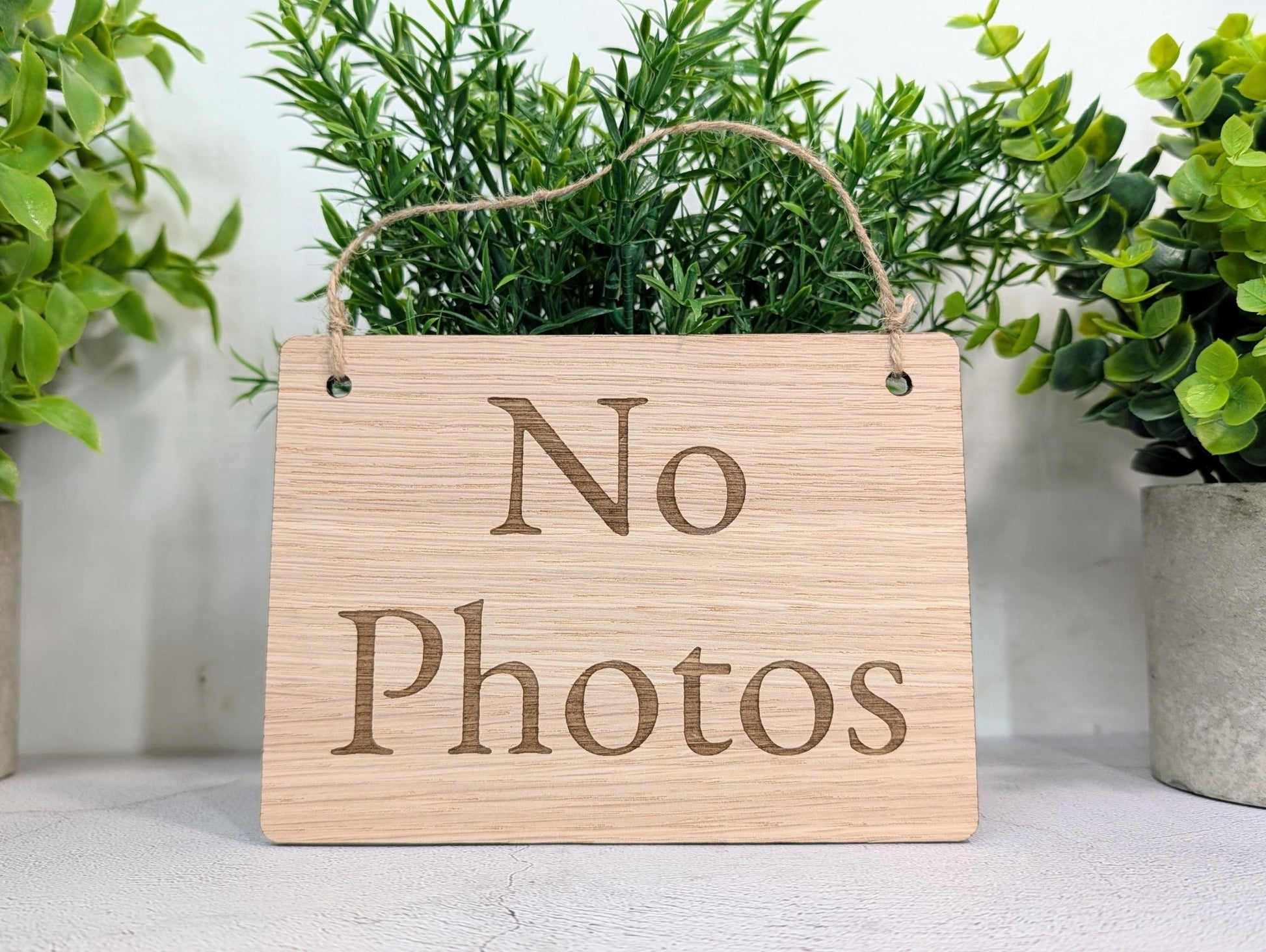 No Photos Sign – Oak Veneered Wooden Hanging Sign for Stalls, Craft Fairs & Exhibitions, Handmade in Wales, Eco Friendly Packaging - 4 Sizes - CherryGroveCraft