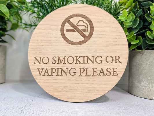 No Smoking or Vaping Sign – Circular Oak Veneered Door or Wall Sign for Business Use, Indoor Only, Plastic - Free Packaging - CherryGroveCraft