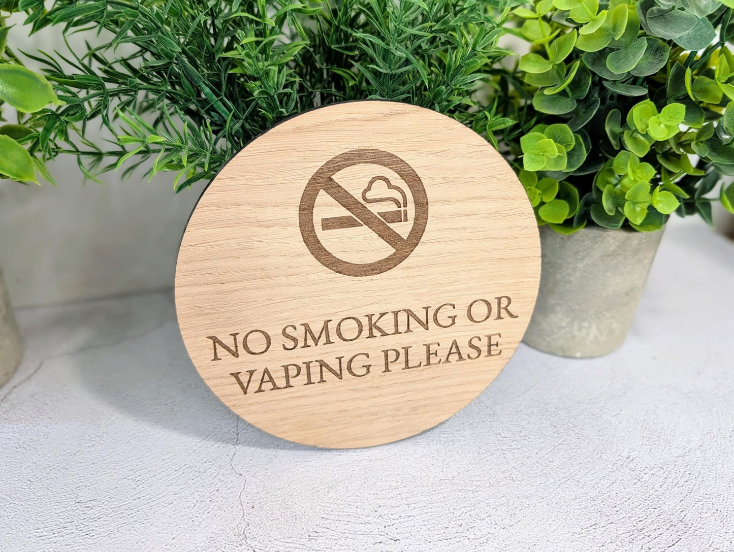 No Smoking or Vaping Sign – Circular Oak Veneered Door or Wall Sign for Business Use, Indoor Only, Plastic - Free Packaging - CherryGroveCraft