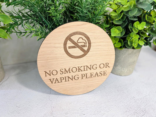 No Smoking or Vaping Sign – Circular Oak Veneered Door or Wall Sign for Business Use, Indoor Only, Plastic - Free Packaging - CherryGroveCraft