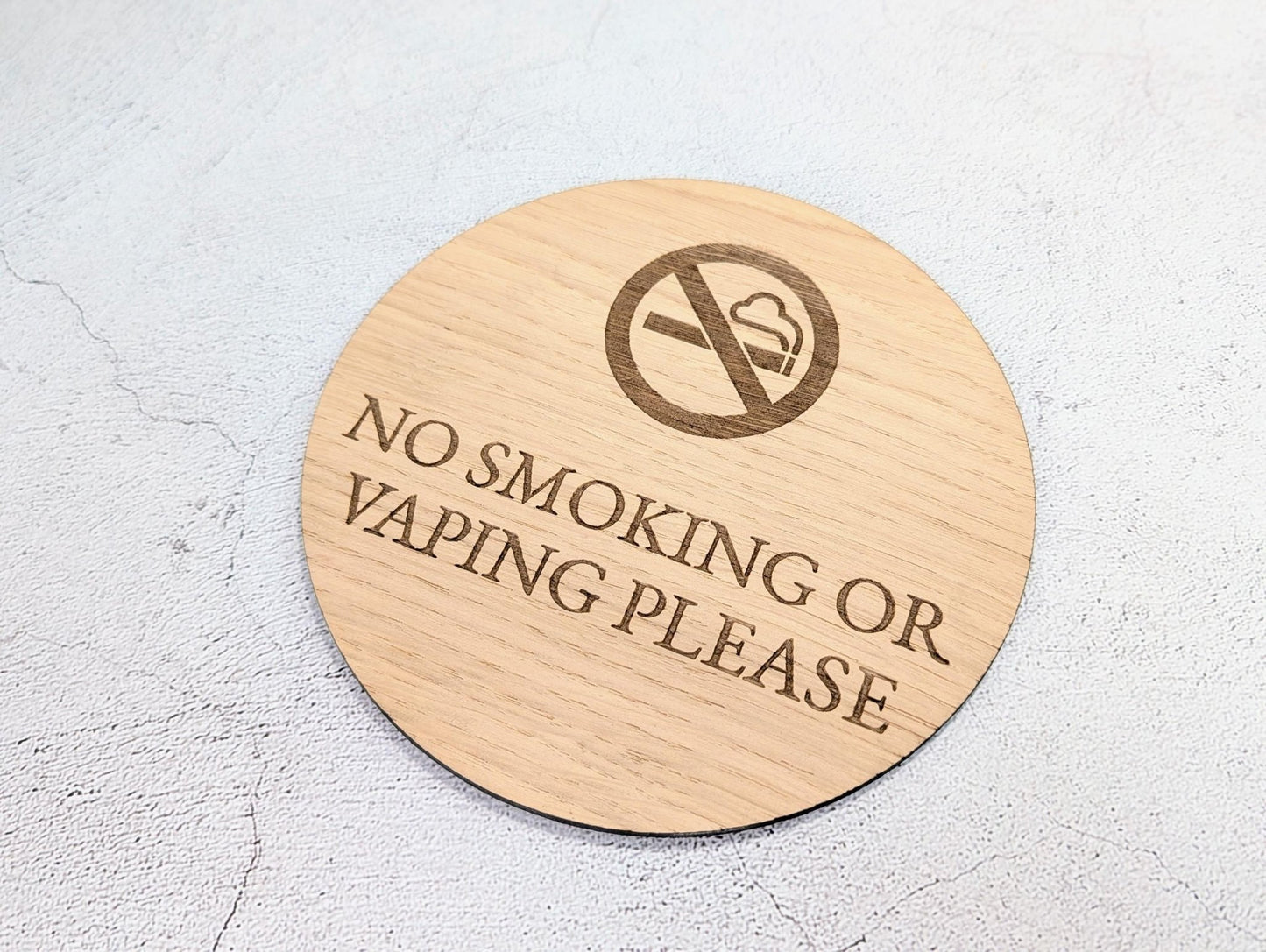 No Smoking or Vaping Sign – Circular Oak Veneered Door or Wall Sign for Business Use, Indoor Only, Plastic - Free Packaging - CherryGroveCraft