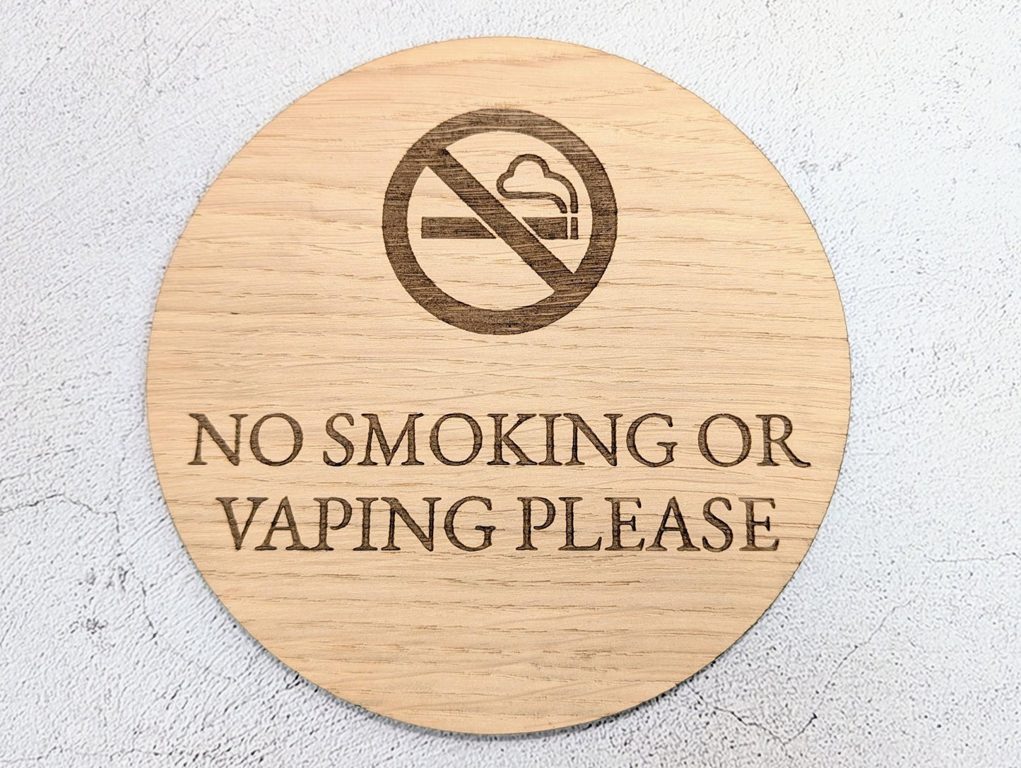 No Smoking or Vaping Sign – Circular Oak Veneered Door or Wall Sign for Business Use, Indoor Only, Plastic - Free Packaging - CherryGroveCraft