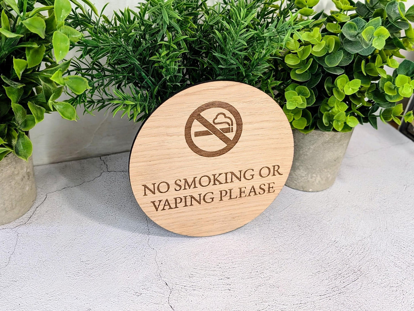No Smoking or Vaping Sign – Circular Oak Veneered Door or Wall Sign for Business Use, Indoor Only, Plastic - Free Packaging - CherryGroveCraft
