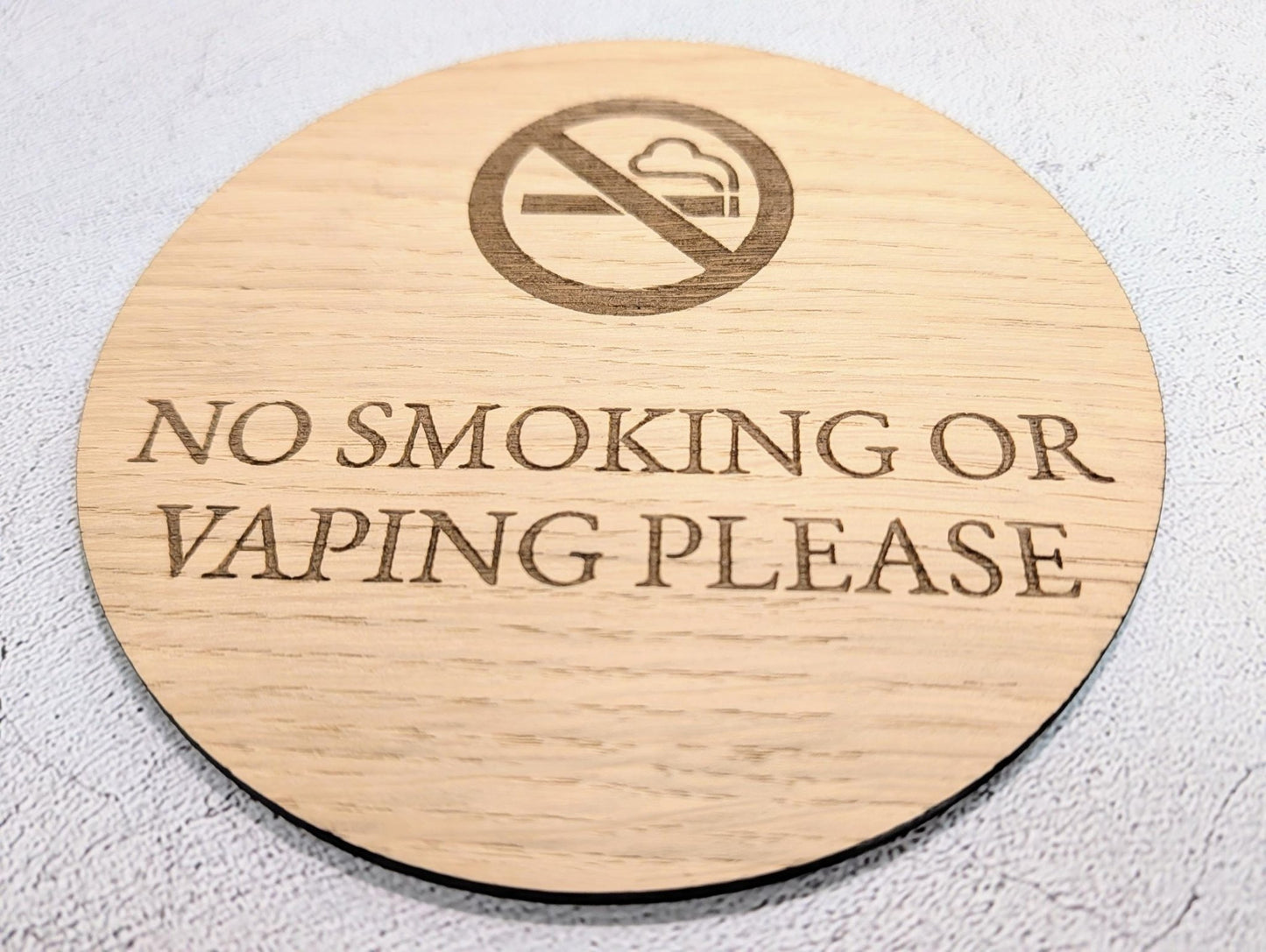 No Smoking or Vaping Sign – Circular Oak Veneered Door or Wall Sign for Business Use, Indoor Only, Plastic - Free Packaging - CherryGroveCraft