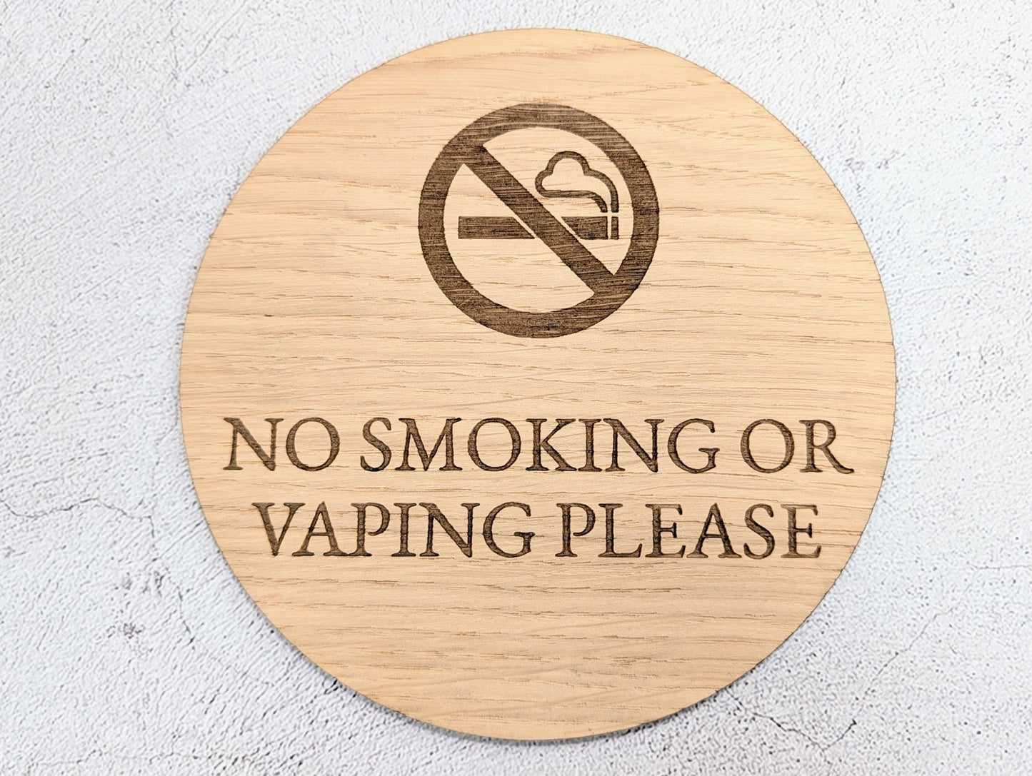 No Smoking or Vaping Sign – Circular Oak Veneered Door or Wall Sign for Business Use, Indoor Only, Plastic - Free Packaging - CherryGroveCraft