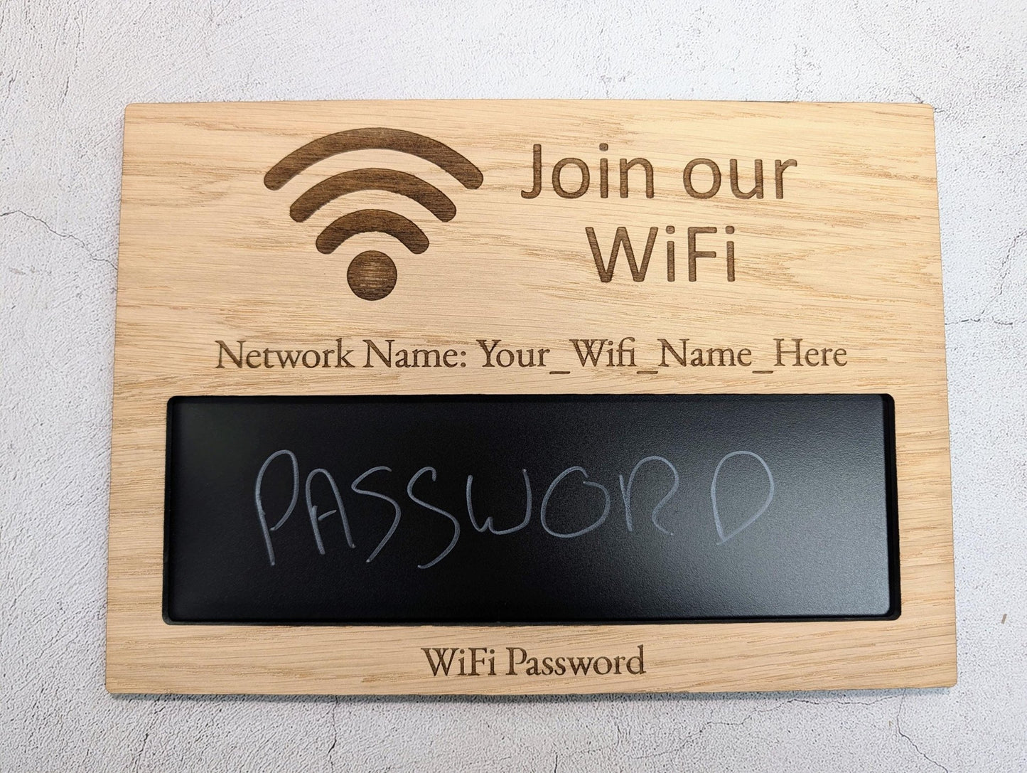 Oak Veneer Personalised WiFi Password A4 Sign | Engraved Wooden Chalk Board Password Display - CherryGroveCraft