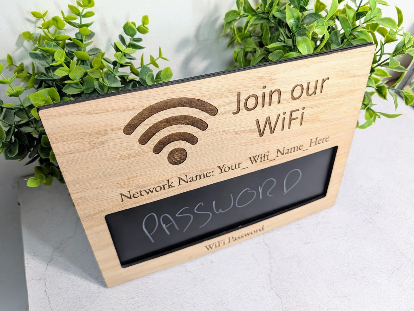 Oak Veneer Personalised WiFi Password A4 Sign | Engraved Wooden Chalk Board Password Display - CherryGroveCraft