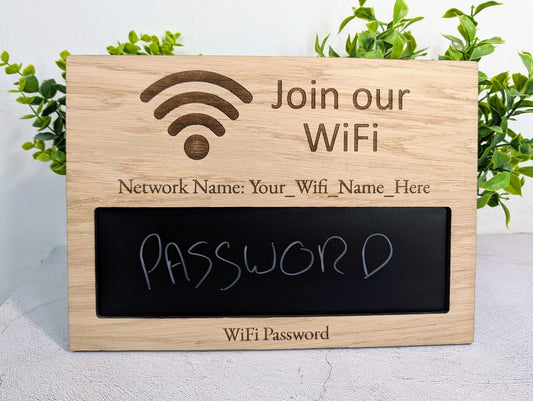 Oak Veneer Personalised WiFi Password A4 Sign | Engraved Wooden Chalk Board Password Display - CherryGroveCraft