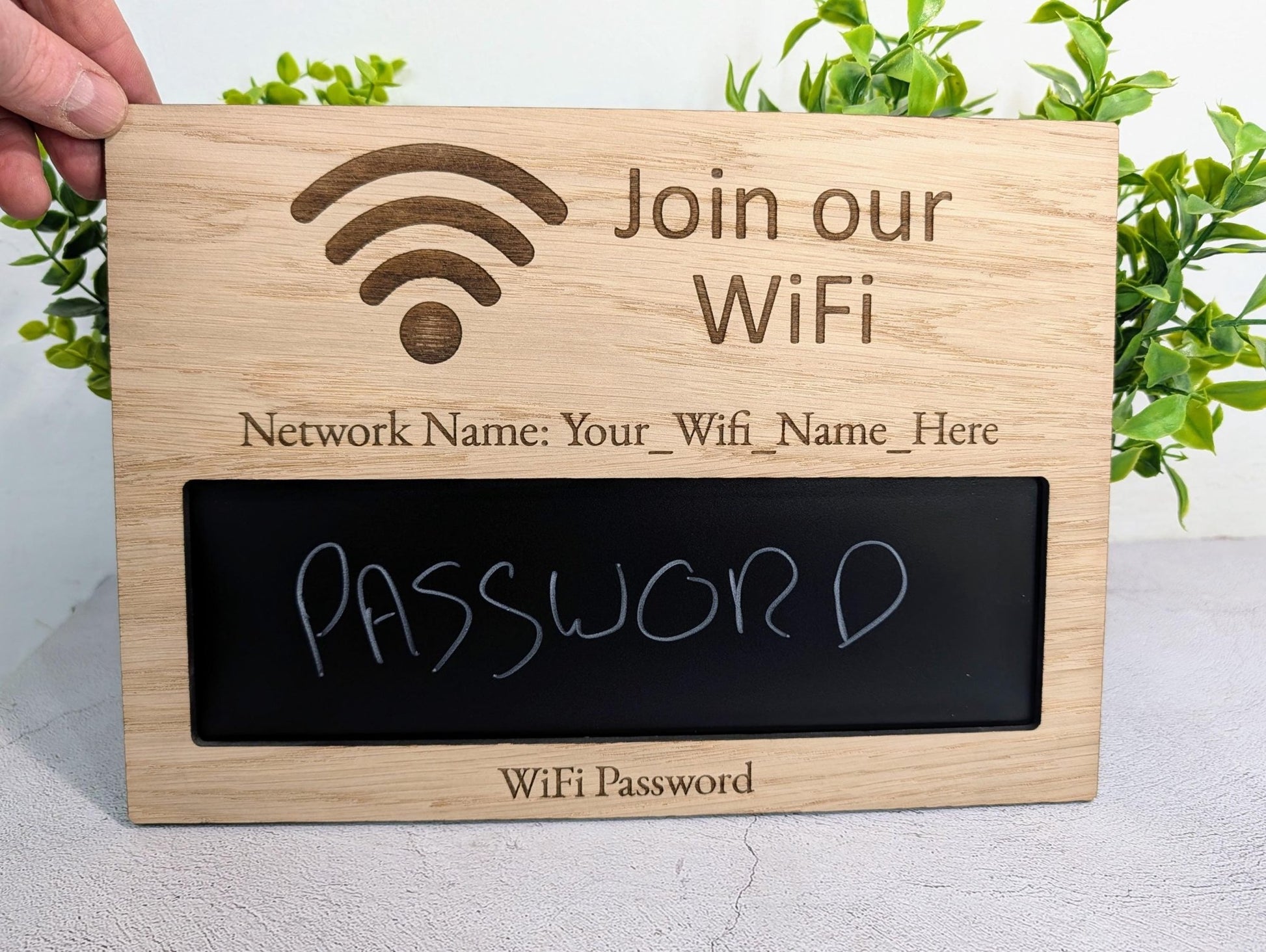 Oak Veneer Personalised WiFi Password A4 Sign | Engraved Wooden Chalk Board Password Display - CherryGroveCraft