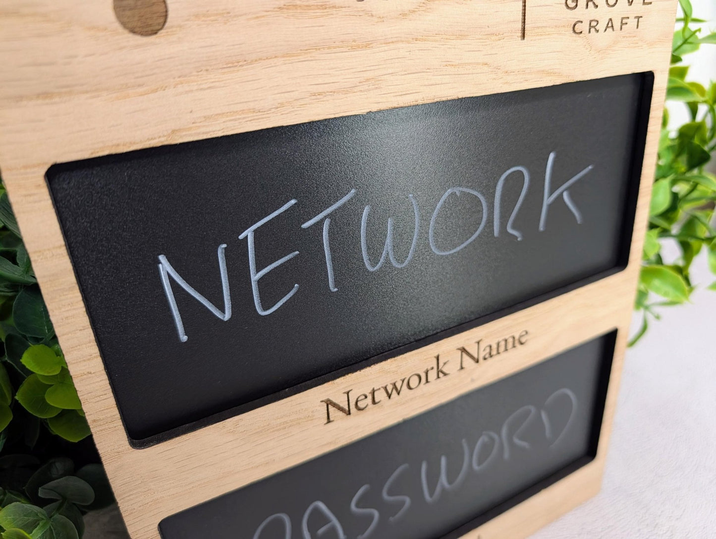Oak Veneer WiFi Blackboard Sign Custom A4 | Personalised Logo Reusable Network Name, Password | Wooden Guest WiFi Display Chalkboard - CherryGroveCraft