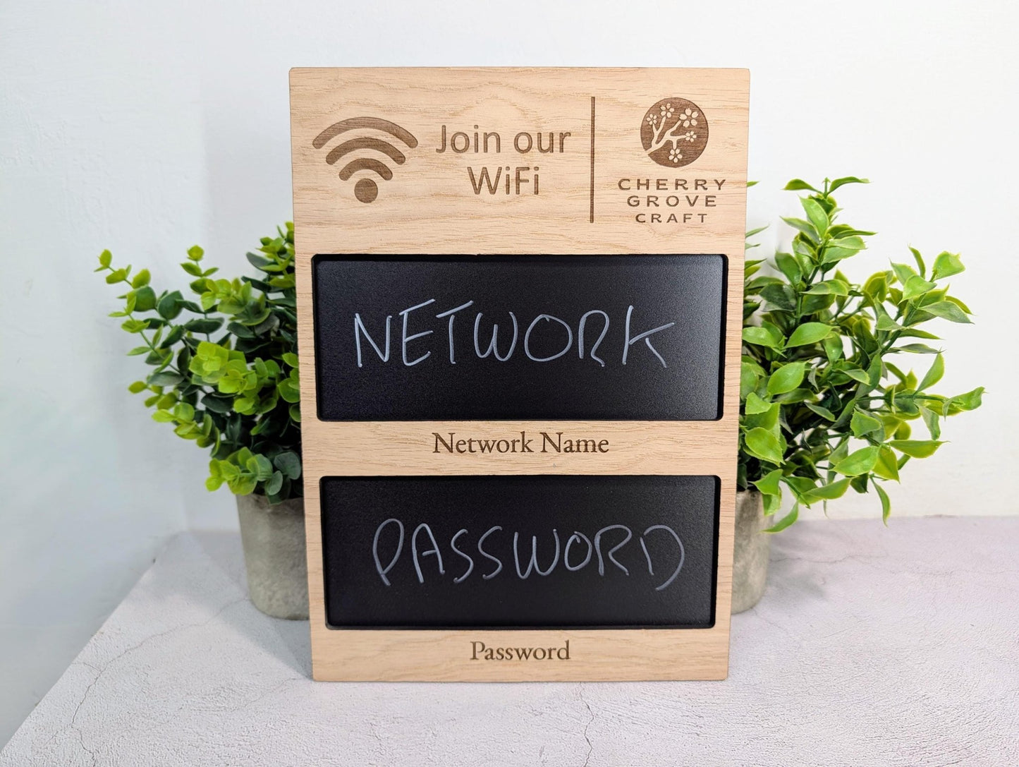 Oak Veneer WiFi Blackboard Sign Custom A4 | Personalised Logo Reusable Network Name, Password | Wooden Guest WiFi Display Chalkboard - CherryGroveCraft
