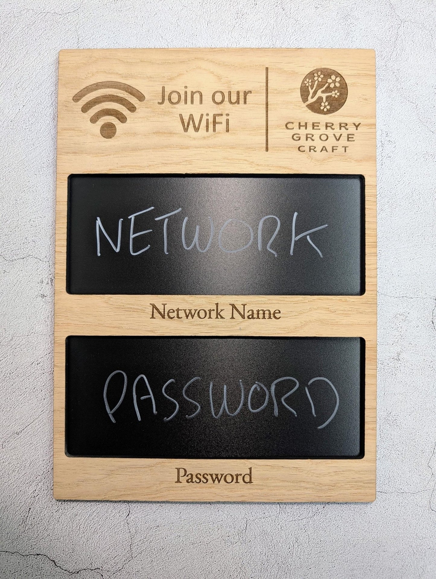 Oak Veneer WiFi Blackboard Sign Custom A4 | Personalised Logo Reusable Network Name, Password | Wooden Guest WiFi Display Chalkboard - CherryGroveCraft