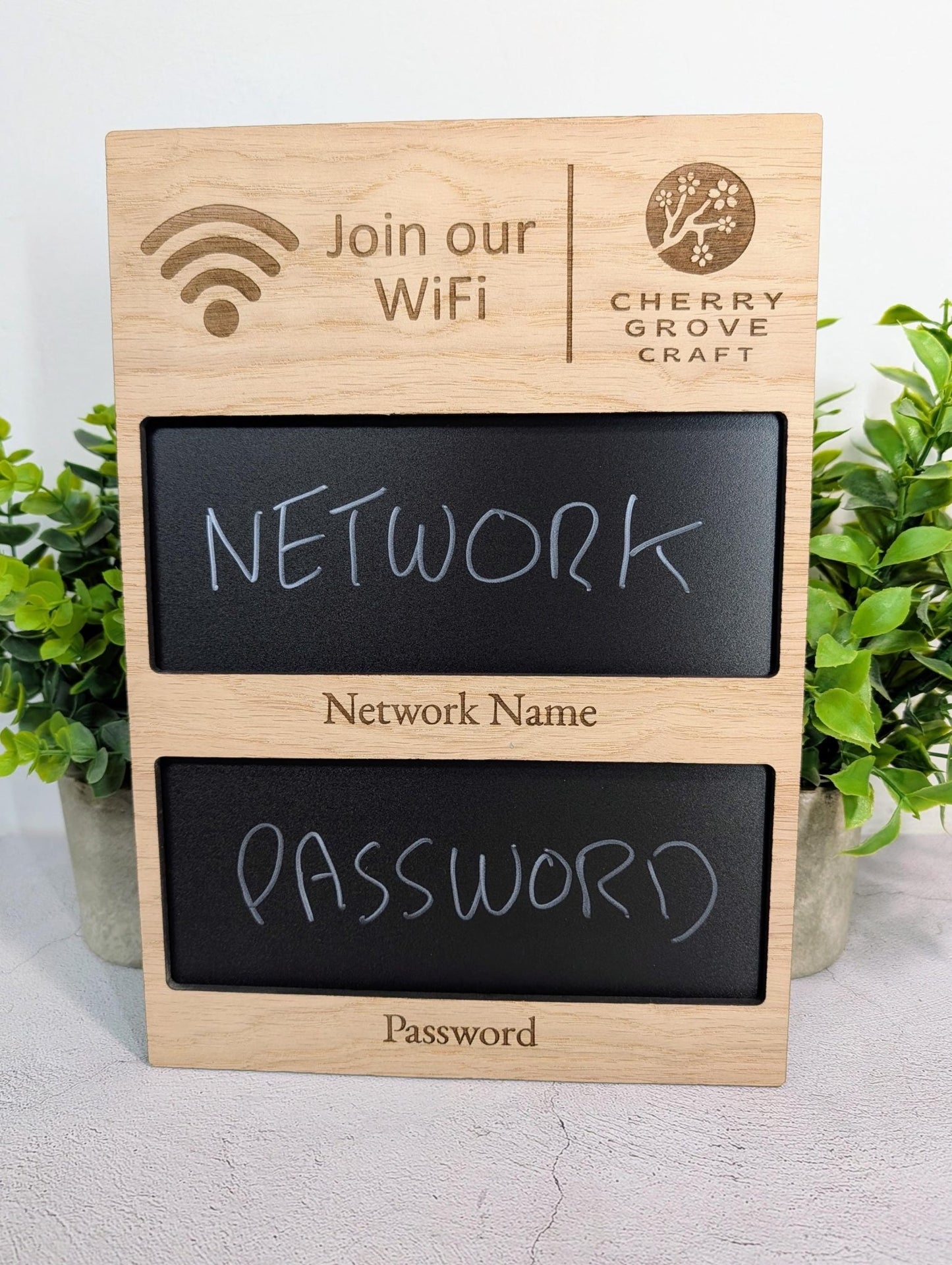 Oak Veneer WiFi Blackboard Sign Custom A4 | Personalised Logo Reusable Network Name, Password | Wooden Guest WiFi Display Chalkboard - CherryGroveCraft