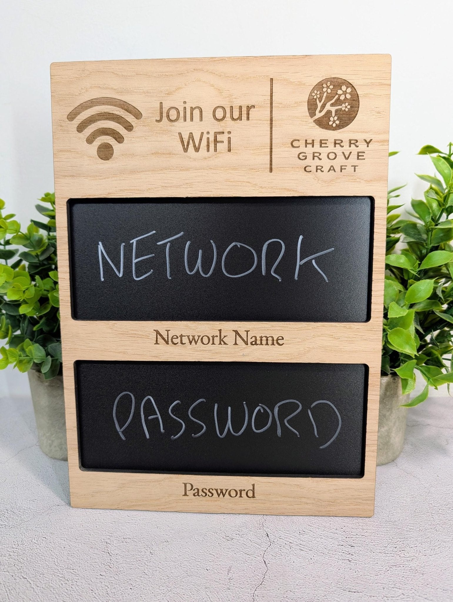 Oak Veneer WiFi Blackboard Sign Custom A4 | Personalised Logo Reusable Network Name, Password | Wooden Guest WiFi Display Chalkboard - CherryGroveCraft